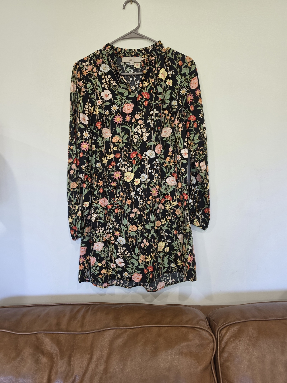 LOFT Black Long-Sleeve Floral Mini Dress